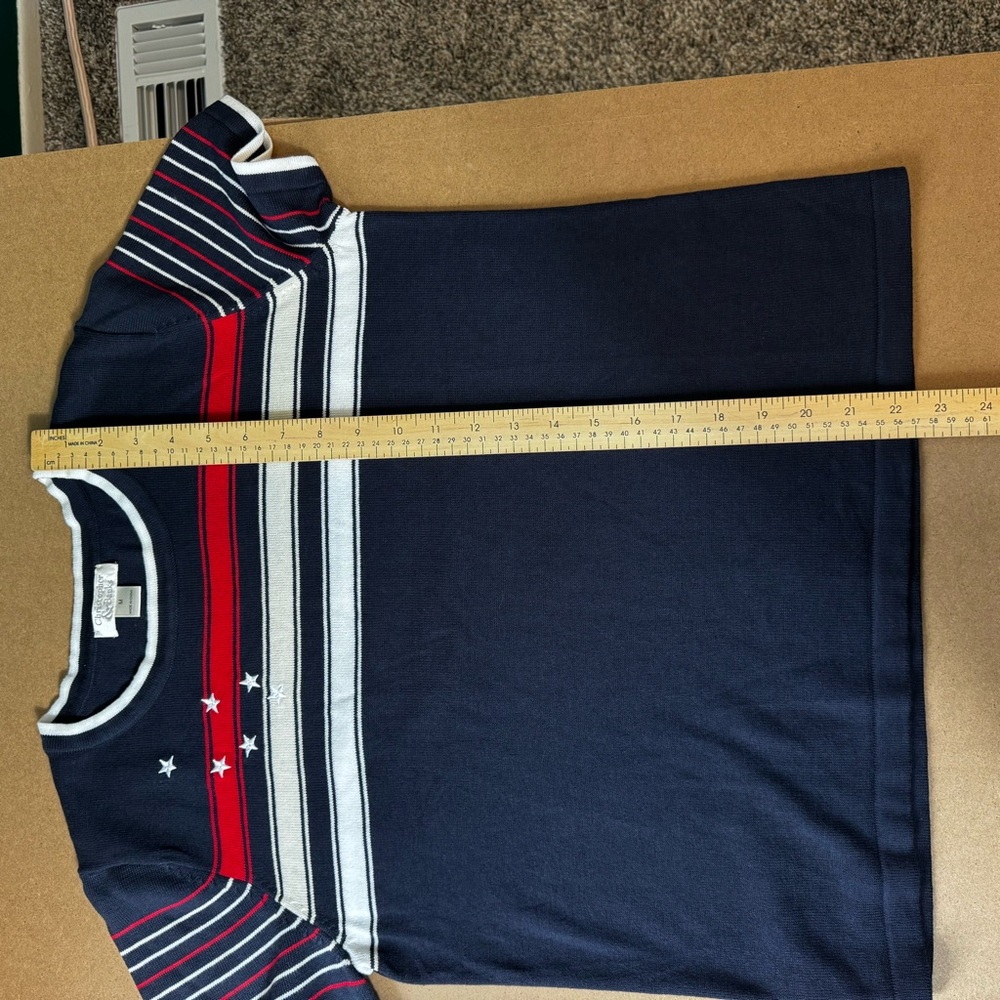 Christopher Banks Patriotic Navy Striped Star Knit Tee Size Medium Granny Chic - Picture 5 of 9